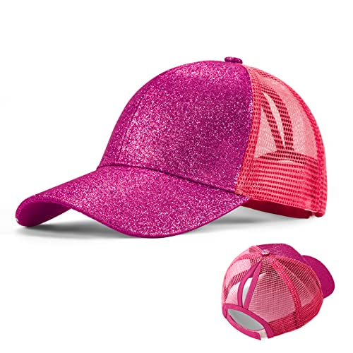 Tunejoy Mädchen Basecap Kinder Glitzer Baseball Cap Pferdeschwanz Hüte Glänzende Verstellbare Sonnenhut Kleine Mädchen Sommer Baseballkappe für 3-8 Jahre alt Rosarot von Tunejoy
