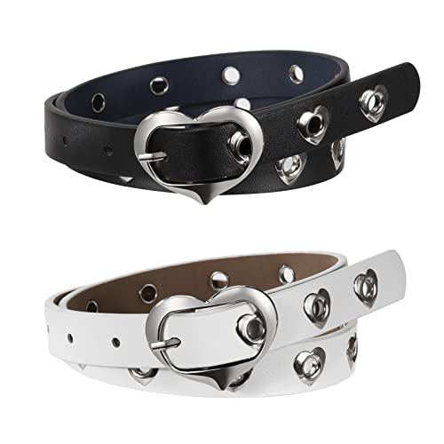 Tunejoy Mädchen-Gürtel Verstellbare PU Ledergürtel mit Herz Loch und Metall Herz Dornschließe Kinder Gürtel für Kleider Hosen Jeans 2 Stück (Schwarz + Weiß) von Tunejoy