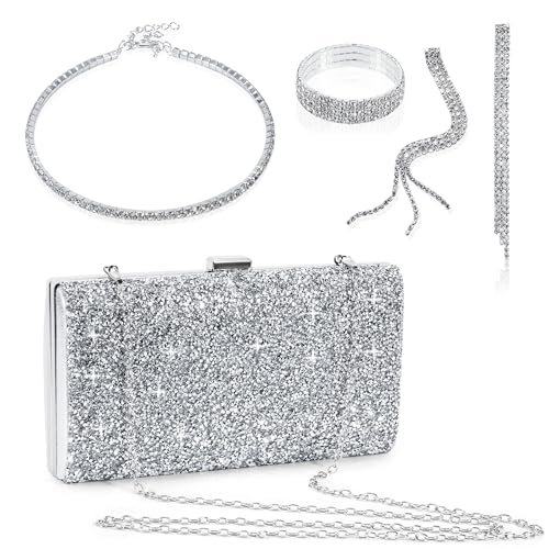 Tunejoy Strass Abendtasche Clutch Damen Glitzer Handtasche Brauthochzeit Clutch Set mit Ohrringe Halskette Armband für Party Hochzeit Bankett Prom 4 Stücke Tunejoy Strass Abendtasche Clutch Damen Glitzer Handtasche Brauthochzeit Clutch Set mit Ohrringe Halskette Armband für Party Hochzeit Bankett Prom 4 Stücke von Tunejoy
