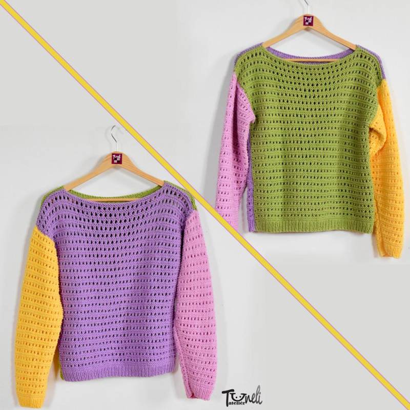 Handgestrickter Mehrfarbiger Sommerpullover, Reversibel, Baumwollpullover, Atmungsaktiv & Übergroß, Sommertop, Sommerpullover Größe S/M Handgestrickter Mehrfarbiger Sommerpullover, Reversibel, Baumwollpullover, Atmungsaktiv & Übergroß, Sommertop, Sommerpullover Größe S/M von TuneliAtelier