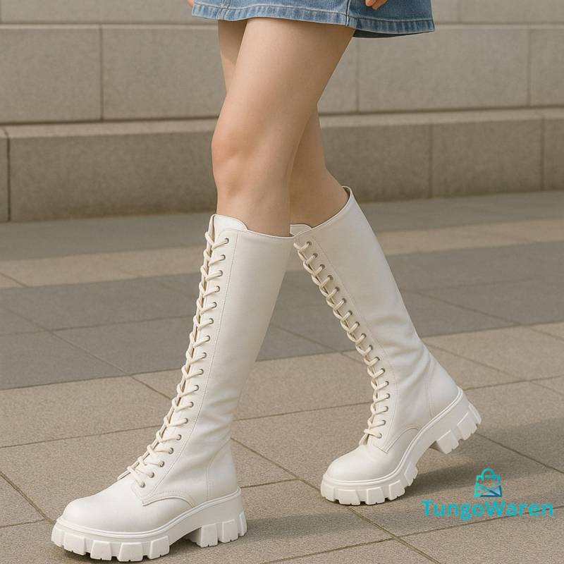 White Knee High Chunky Lace Up Boots - Y2K Platform Street Style Shoes For Women von TungoWaren
