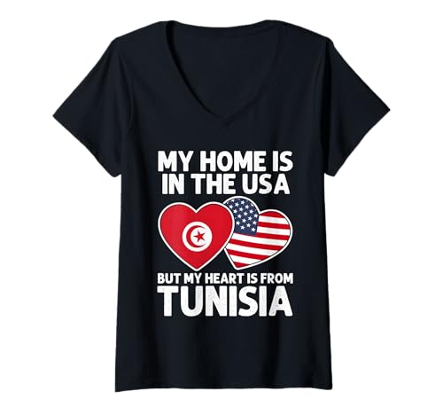 Damen My Home USA My Heart Tunesien Tunesien American Pride Flagge T-Shirt mit V-Ausschnitt Damen My Home USA My Heart Tunesien Tunesien American Pride Flagge T-Shirt mit V-Ausschnitt von Tunisia Pride Flag Apparel
