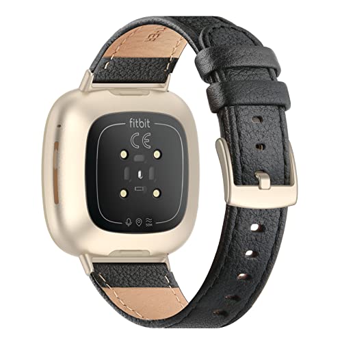 Tuocal Armband aus echtem Leder, kompatibel mit Fitbit Versa 3/Sense, für Damen und Herren, Schwarz, Schnalle in Roségold von Tuocal
