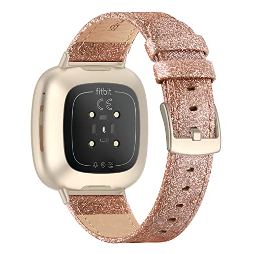 Tuocal Echtes Lederarmband, kompatibel mit Fitbit Versa 4 / Versa 3 / Fitbit Sense für Damen und Herren, weiches, atmungsaktives Echtleder, verstellbares Ersatzarmband für Fitbit Versa 3, Glitzer, von Tuocal