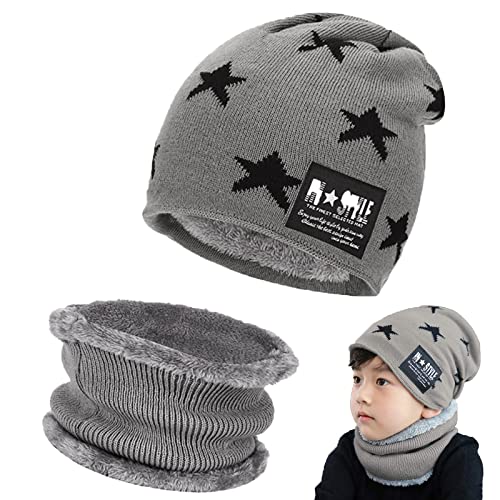 Tuofang Kinder Winter Warm Beanie Mütze und Loop Schlauchschal Set mit Fleece Gefütterte, Wintermütze und Loop Schal, für 5-15 Jahre Alt Jungen Mädchen Wintermütze Halswärmer Strickset (Grau) von Tuofang