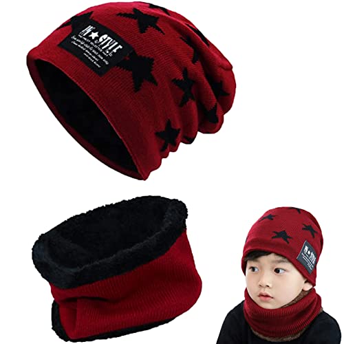 Tuofang Kinder Winter Warm Beanie Mütze und Loop Schlauchschal Set mit Fleece Gefütterte, Wintermütze und Loop Schal, für 5-15 Jahre Alt Jungen Mädchen Wintermütze Halswärmer Strickset (Rot) von Tuofang