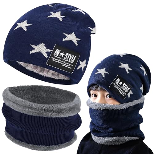 TuoFang Kinder Wintermütze und Schlauchschal Set, Winter Beanie Mütze mit Loop Schal für Jungen Mädchen, Warme Wintermütze Set Kind (Blau) von Tuofang