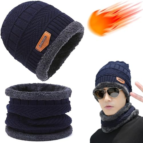 Tuofang Winter Warm Beanie Mütze und Loop Schlauchschal Set mit Fleece Gefütterte, Wintermütze und Loop Schal mit Dicke Fleecefutter, für Herren und Damen Wintermütze Halswärmer Strickset (H Blau) von Tuofang