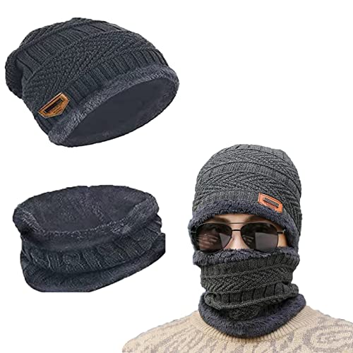 Tuofang Winter Warm Beanie Mütze und Loop Schlauchschal Set mit Fleece Gefütterte, Wintermütze und Loop Schal mit Dicke Fleecefutter, für Herren und Damen Wintermütze Halswärmer Strickset (H Grau) von Tuofang