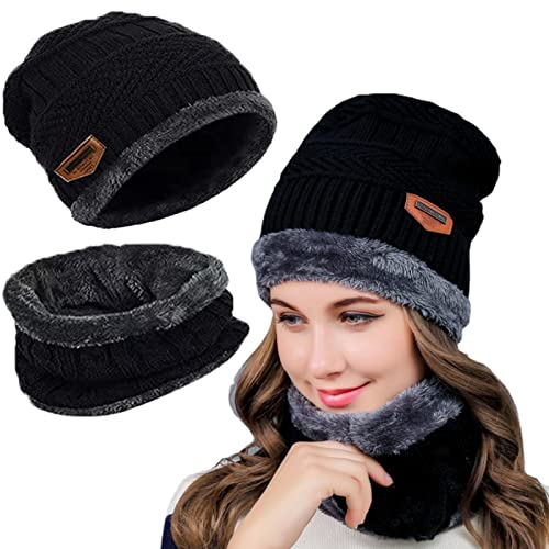 Tuofang Winter Warm Beanie Mütze und Loop Schlauchschal Set mit Fleece Gefütterte, Wintermütze und Loop Schal mit Dicke Fleecefutter, für Herren und Damen Wintermütze Halswärmer Strickset (H Schwarz) von Tuofang