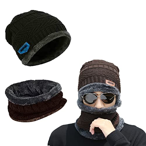 Tuofang Winter Warm Beanie Mütze und Loop Schlauchschal Set mit Fleece Gefütterte, Wintermütze und Loop Schal mit Dicke Fleecefutter, für Herren und Damen Wintermütze Halswärmer Strickset (H Braun) von Tuofang