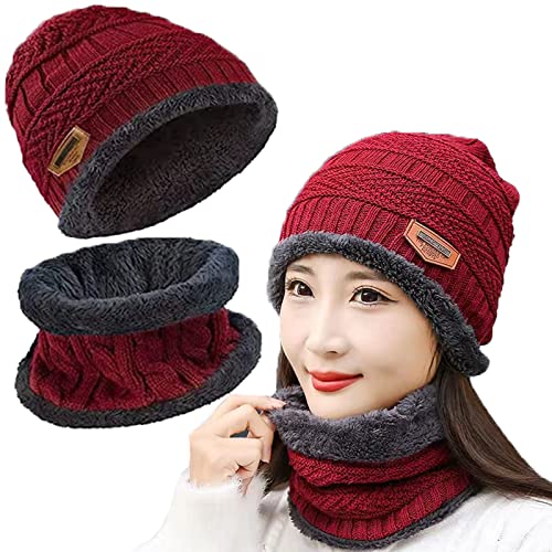 Tuofang Winter Warm Beanie Mütze und Loop Schlauchschal Set mit Fleece Gefütterte, Wintermütze und Loop Schal mit Dicke Fleecefutter, für Herren und Damen Wintermütze Halswärmer Strickset (H Rot) von Tuofang