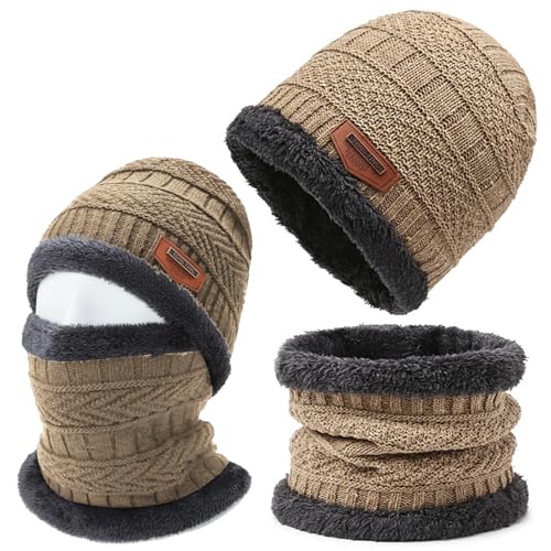 TuoFang Tuofang Wintermütze Schal Set, Winter Beanie Mütze mit Schlauchschal für Herren Damen, Fleecefutter Warme Strickmützen Herren und Loop Schal (Khaki) von Tuofang