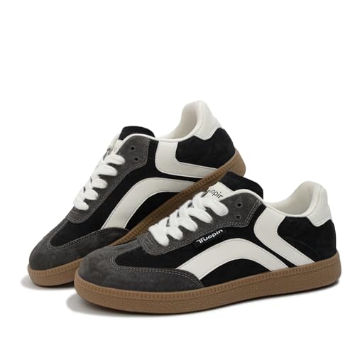 Tuopin Modische Turnschuhe Klassische Sneakers für Damen mit Gummisohle Echtes Leder rutschfeste Sneakers（Schwarz Grau,Erwachsene,Damen,Numerisch,38.5,Normal von Tuopin
