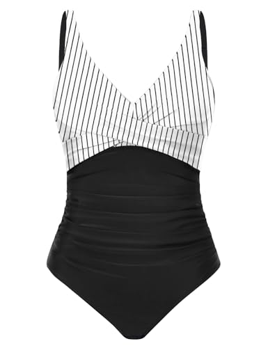 Tuopuda Badeanzug Damen Bauchweg Push Up Bademode Rückenlos Sexy V Ausschnitt Monokini One Piece Swimsuits Schlankheits Swimwear Einteiliger Badeanzüge, Schwarz-E, M von Tuopuda