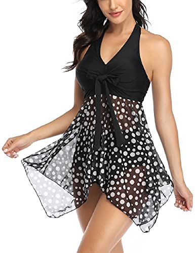 Tuopuda Badeanzug Damen Bauchweg Tankinis Zweiteiler Bademode Neckholder Badekleid mit Slip High Waist Badebekleidung Push Up Gepolstert Bikini Sportlich V Ausschnitt, Schwarz mit Punktdruck, S von Tuopuda