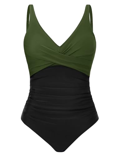 Tuopuda Badeanzug Damen Einteiliger Bademode v Ausschnitt Push Up Schwimmanzug One Piece Bauchweg Retro Badeanzüge Plus Size Badebekleidung, Schwarz-F, L von Tuopuda