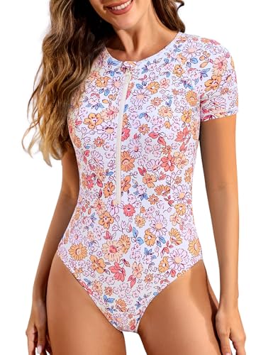 Tuopuda Badeanzug Damen High Neck Bademode mit Cups Schwimmshirt Kurzarm Reißverschluss Vorne Schwimmshirt Schlankheits Einteilige Swimsuit Sommer Strandbekleidung, Rosa, XL von Tuopuda