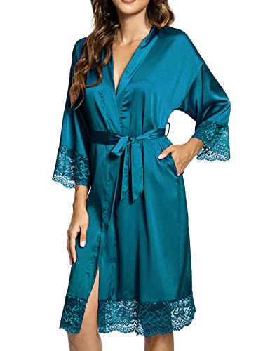 Tuopuda Bademantel Damen, Satin Kimono Morgenmantel Sommer, Nachthemd Spitze mit Taschen Kurz Robe mit Gürtel Blumenspitze Nachtwäsche Sleepwear für Party Hochzeit Braut Brautjungfern, Blau, L von Tuopuda