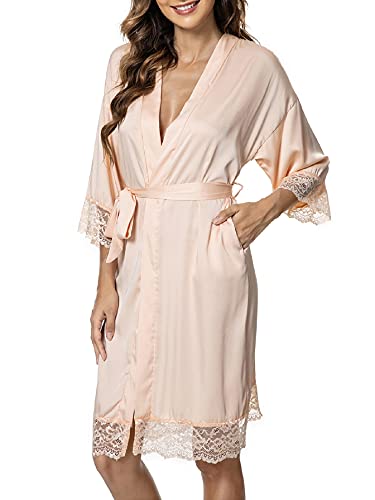 Tuopuda Bademantel Damen, Satin Kimono Morgenmantel Sommer, Nachthemd Spitze mit Taschen Kurz Robe mit Gürtel Blumenspitze Nachtwäsche Sleepwear für Party Hochzeit Braut Brautjungfern, Champagner, XL von Tuopuda