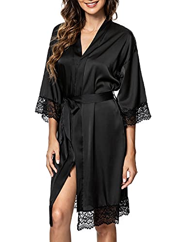 Tuopuda Bademantel Damen, Satin Kimono Morgenmantel Sommer, Nachthemd Spitze mit Taschen Kurz Robe mit Gürtel Blumenspitze Nachtwäsche Sleepwear für Party Hochzeit Braut Brautjungfern, Schwarz, L von Tuopuda