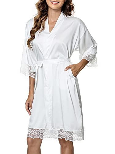 Tuopuda Bademantel Damen, Satin Kimono Morgenmantel Sommer, Nachthemd Spitze mit Taschen Kurz Robe mit Gürtel Blumenspitze Nachtwäsche Sleepwear für Party Hochzeit Braut Brautjungfern, Weiß, L von Tuopuda