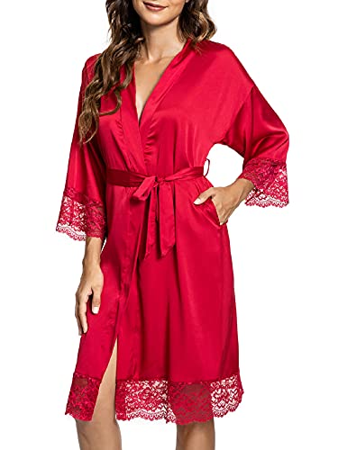 Tuopuda Bademantel Damen, Satin Kimono Morgenmantel Sommer, Nachthemd Spitze mit Taschen Kurz Robe mit Gürtel Blumenspitze Nachtwäsche Sleepwear für Party Hochzeit Braut Brautjungfern, rot, L von Tuopuda