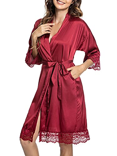 Tuopuda Bademantel Damen, Satin Kimono Morgenmantel Sommer, Nachthemd Spitze mit Taschen Kurz Robe mit Gürtel Blumenspitze Nachtwäsche Sleepwear für Party Hochzeit Braut Brautjungfern, Weinrot, L von Tuopuda