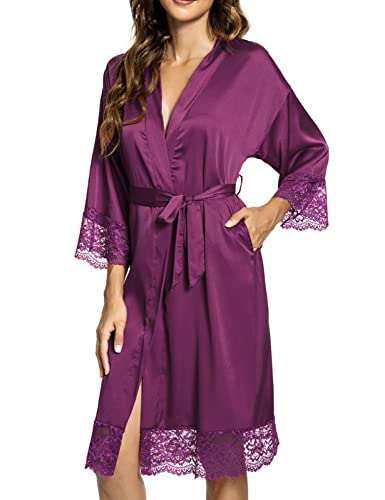 Tuopuda Bademantel Damen, Satin Kimono Morgenmantel Sommer, Nachthemd Spitze mit Taschen Kurz Robe mit Gürtel Blumenspitze Nachtwäsche Sleepwear für Party Hochzeit Braut Brautjungfern, Lila, L von Tuopuda