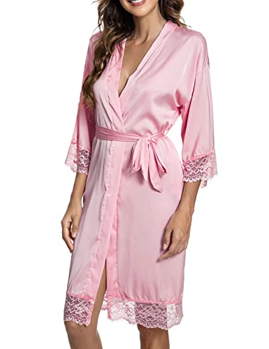 Tuopuda Bademantel Damen, Satin Kimono Morgenmantel Sommer, Nachthemd Spitze mit Taschen Kurz Robe mit Gürtel Blumenspitze Nachtwäsche Sleepwear für Party Hochzeit Braut Brautjungfern, Rosa, M von Tuopuda