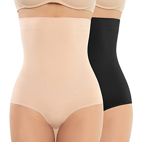 Tuopuda Bauchweg Miederslip Damen Formende Unterwäsche Bauchkontrolle Shapewear Hohe Taille, Schwarz + Beige, L von Tuopuda