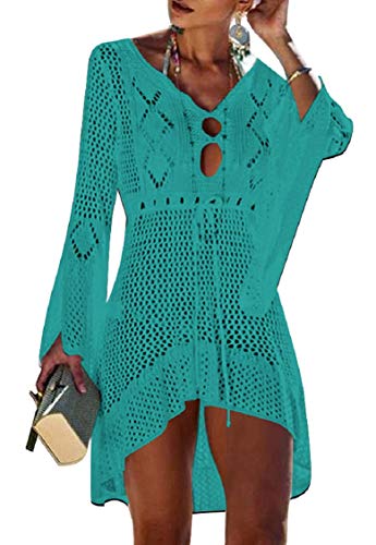 Tuopuda Damen Strandkleid Gestrickte Crochet Bikini Cover Up Sommer Boho Strandponcho V-Ausschnitt Badeanzug Bedecken Pareos Sexy Cutout Tunika Minikleid Strand Kurze Kleid Sommerkleid, Grün von Tuopuda