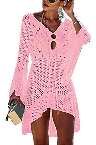 Tuopuda Damen Strandkleid Gestrickte Crochet Bikini Cover Up Sommer Boho Strandponcho V-Ausschnitt Badeanzug Bedecken Pareos Sexy Cutout Tunika Minikleid Strand Kurze Kleid Sommerkleid, Rosa von Tuopuda