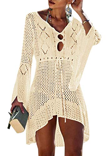 Tuopuda Damen Strandkleid Gestrickte Crochet Bikini Cover Up Sommer Boho Strandponcho V-Ausschnitt Badeanzug Bedecken Pareos Sexy Cutout Tunika Minikleid Strand Kurze Kleid Sommerkleid, Beige von Tuopuda