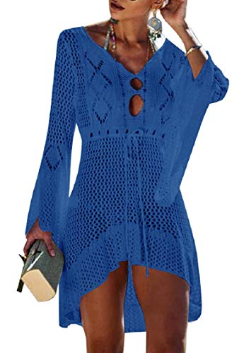 Tuopuda Damen Strandkleid Gestrickte Crochet Bikini Cover Up Sommer Boho Strandponcho V-Ausschnitt Badeanzug Bedecken Pareos Sexy Cutout Tunika Minikleid Strand Kurze Kleid Sommerkleid, Blau von Tuopuda