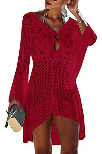 Tuopuda Damen Strandkleid Gestrickte Crochet Bikini Cover Up Sommer Boho Strandponcho V-Ausschnitt Badeanzug Bedecken Pareos Sexy Cutout Tunika Minikleid Strand Kurze Kleid, Jujube rot von Tuopuda