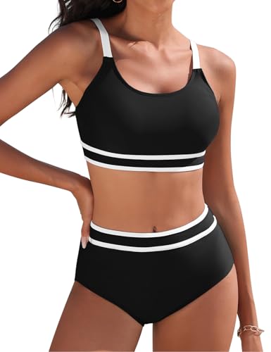 Tuopuda Bikini Damen Set Bauchweg Zweiteiliger Badeanzug High Waist Push Up Bikini-Oberteil Sport Zweiteiler Bademode Swimsuit Badebekleidung, Schwarz, XL von Tuopuda