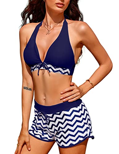 Tuopuda Bikini Set Push Up Sexy Damen Zweiteilige Badeanzug Bauchweg Ties-up Neckholder Bikinioberteil mit Sport Bikinihosen Verstellbar Bekinis Bademode Swimsuit Strandkleidung, A-Marine, XL von Tuopuda