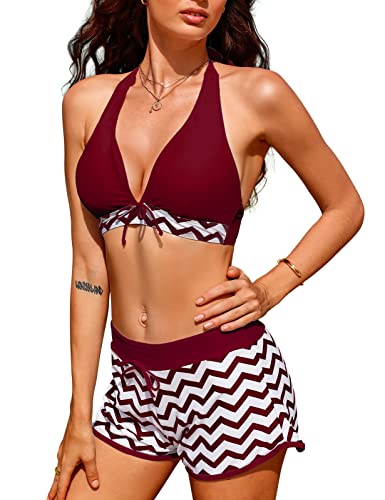 Tuopuda Bikini Set Push Up Sexy Damen Zweiteilige Badeanzug Bauchweg Ties-up Neckholder Bikinioberteil mit Sport Bikinihosen Verstellbar Bekinis Bademode Swimsuit Strandkleidung, A-Rose rot, L von Tuopuda