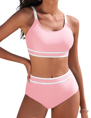 Tuopuda Bikini-Sets für Damen Zweiteiliger Bauchkontrolle Strandbikini Strandbadeanzug Colour-Blocking Swimsuit 6 TLG Bikinioberteil mit Badehose, Rosa, XXL von Tuopuda