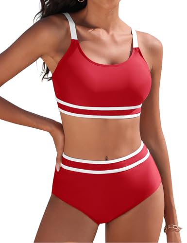 Tuopuda Bikini-Sets für Damen Zweiteiliger Bauchkontrolle Strandbikini Strandbadeanzug Colour-Blocking Swimsuit 8 TLG Bikinioberteil mit Badehose, Weinrot, S von Tuopuda