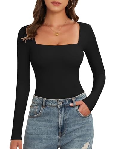 Tuopuda Body Damen Langarm Bodysuit Women Elegant Schmal T-Shirt Square Neck Stringbody Top Unterziehbody Hoher Elastizität Bodies für Frauen, Schwarz, L von Tuopuda