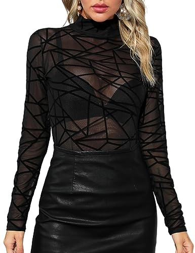 Tuopuda Body Damen Spitze Dessous Unterwäsche, String Tanga Babydoll Frauen Schwarz Langarmshirt Slim Damenbody, Mesh Shirt Netzoberteil Fishnet Reizwäsche, Schwarz-2, L von Tuopuda