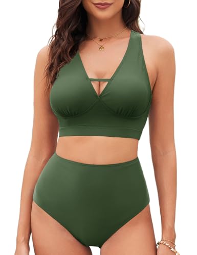 Tuopuda Damen Bikini Set Bauchweg, Zweiteiliger Badeanzug High Waist Push Up, Bikini Oberteil V-Ausschnitt Zweiteiler Bademode Badebekleidung, Armeegrün, XL von Tuopuda