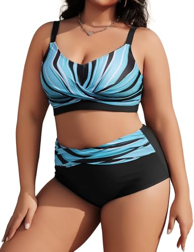 Tuopuda Damen Bikini Set Große Größe Zweiteiliger Badeanzug Bauchweg High Waist Push Up, Bikini Oberteil Plus Size Curvy Zweiteiler Bademode M-4XL, Hellblau, XXL von Tuopuda