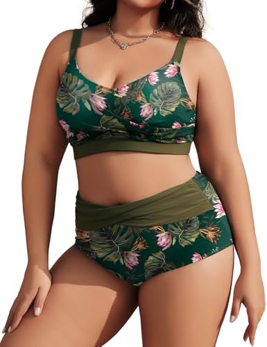 Tuopuda Damen Bikini Set Große Größe Zweiteiliger Badeanzug Bauchweg High Waist Push Up, Bikini Oberteil Plus Size Curvy Zweiteiler Bademode M-4XL, Grün, M von Tuopuda