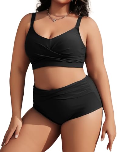 Tuopuda Damen Bikini Set Große Größe Zweiteiliger Badeanzug Bauchweg High Waist Push Up, Bikini Oberteil Plus Size Curvy Zweiteiler Bademode M-4XL, Schwarz, XXL von Tuopuda