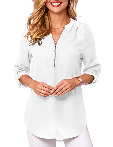 Tuopuda Damen Bluse V-Ausschnitt Hemden Elegant 3/4 Ärmel Casual Arbeit Oberteile mit Reißverschluss Langshirt Langarm Tunika Tops Lose Einfarbig T-Shirt Sommer mit Spitzen, Weiß, M von Tuopuda