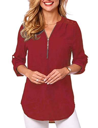 Tuopuda Damen Bluse V-Ausschnitt Hemden Elegant 3/4 Ärmel Casual Arbeit Oberteile mit Reißverschluss Langshirt Langarm Tunika Tops Lose Einfarbig T-Shirt Sommer mit Spitzen, rot, M von Tuopuda