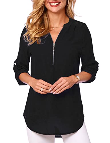 Tuopuda Damen Bluse V-Ausschnitt Hemden Elegant 3/4 Ärmel Casual Arbeit Oberteile mit Reißverschluss Langshirt Langarm Tunika Tops Lose Einfarbig T-Shirt Sommer mit Spitzen, schwarz, M von Tuopuda